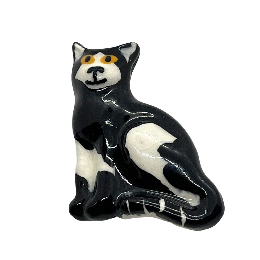 Cat Kitten Brooch Pin Handmade Womens Black White Ceramic Shape Cute Fashion